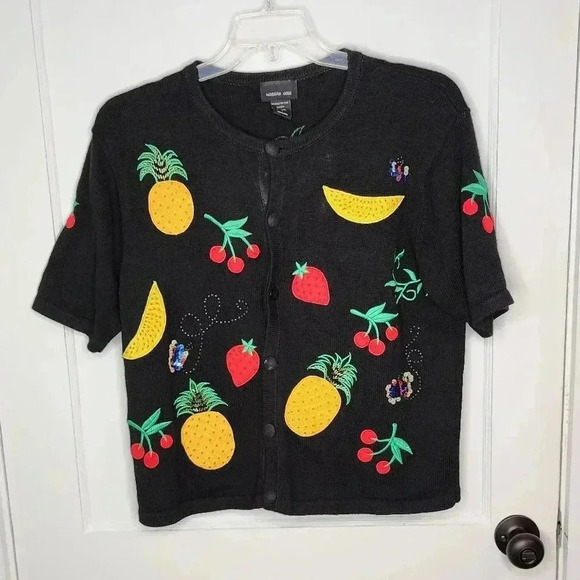 Morgan Cole Sweater Womens Medium Cardigan Short Sleeve Fruit Beaded Button - Picture 1 of 6
